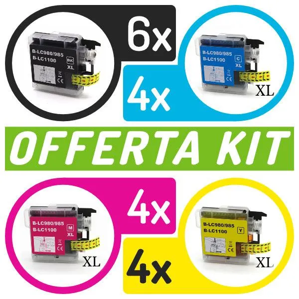 Kit cartucce compatibili con Brother<br>18 x LC-980/1100BK/C/M/Y XL